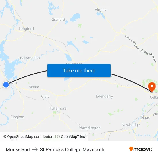 Monksland to St Patrick's College Maynooth map