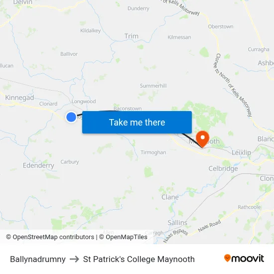 Ballynadrumny to St Patrick's College Maynooth map