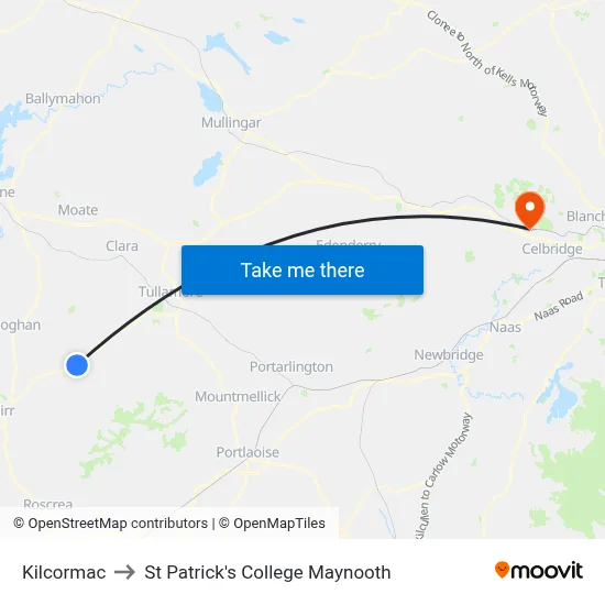Kilcormac to St Patrick's College Maynooth map