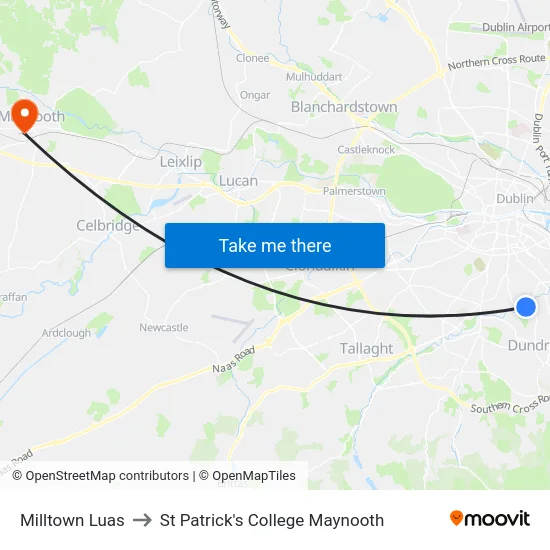 Milltown Luas to St Patrick's College Maynooth map