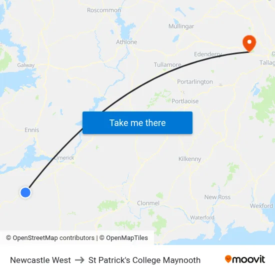 Newcastle West to St Patrick's College Maynooth map