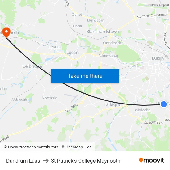 Dundrum Luas to St Patrick's College Maynooth map