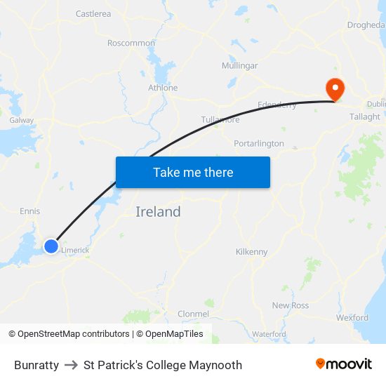 Bunratty to St Patrick's College Maynooth map