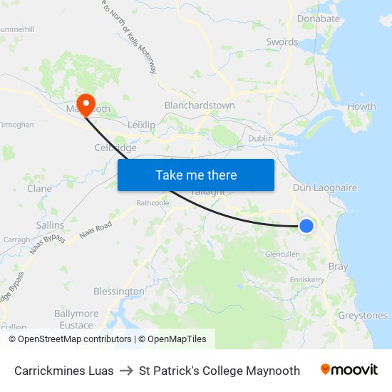 Carrickmines Luas to St Patrick's College Maynooth map