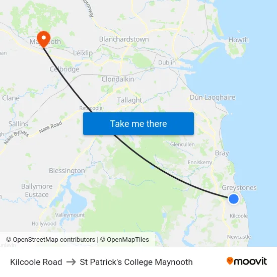 Kilcoole Road to St Patrick's College Maynooth map