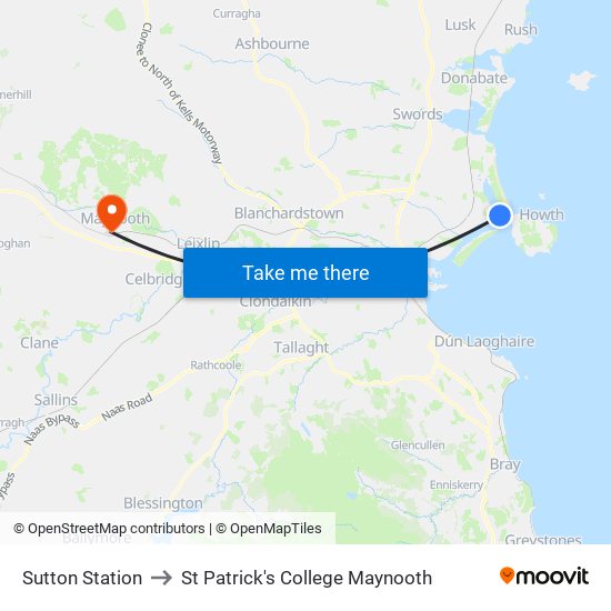 Sutton Station to St Patrick's College Maynooth map