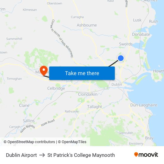 Dublin Airport to St Patrick's College Maynooth map