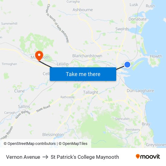 Vernon Avenue to St Patrick's College Maynooth map