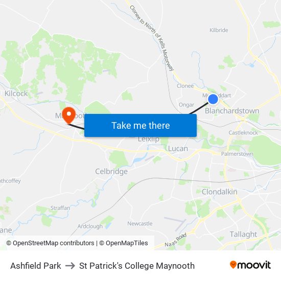 Ashfield Park to St Patrick's College Maynooth map