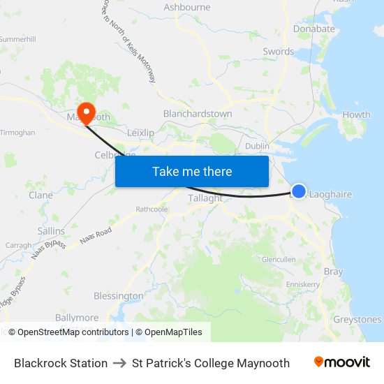 Blackrock Station to St Patrick's College Maynooth map