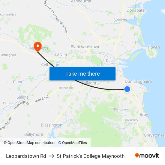 Leopardstown Rd to St Patrick's College Maynooth map