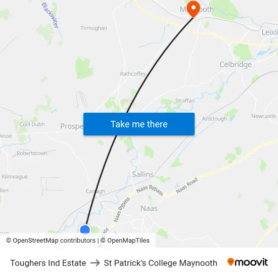 Toughers Ind Estate to St Patrick's College Maynooth map