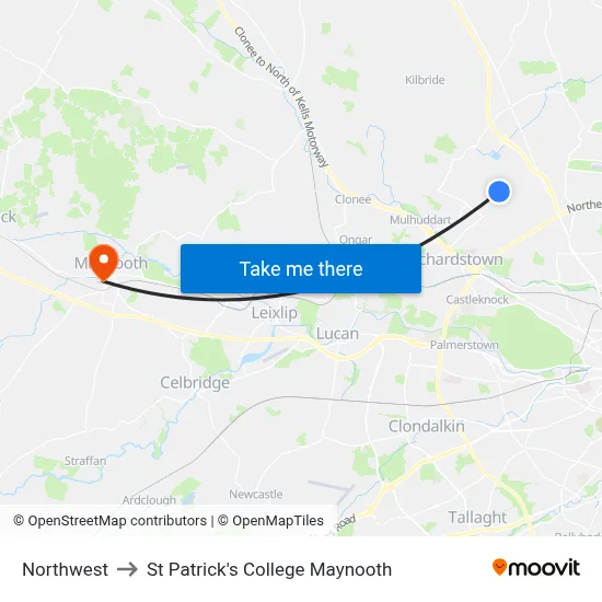 Northwest to St Patrick's College Maynooth map