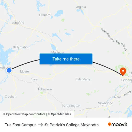 Tus East Campus to St Patrick's College Maynooth map