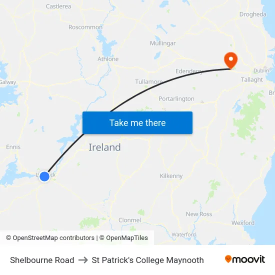 Shelbourne Road to St Patrick's College Maynooth map