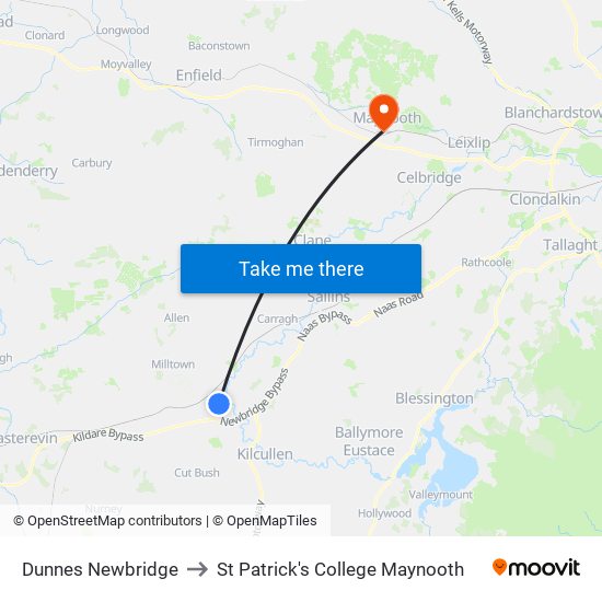 Dunnes Newbridge to St Patrick's College Maynooth map