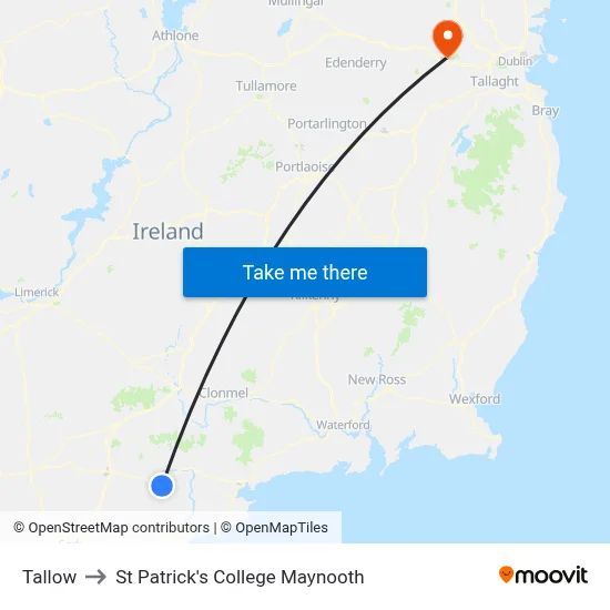 Tallow to St Patrick's College Maynooth map