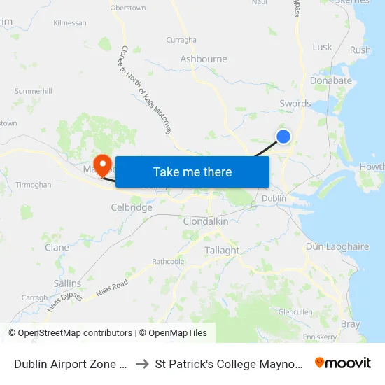 Dublin Airport Zone 13 to St Patrick's College Maynooth map