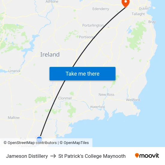 Jameson Distillery to St Patrick's College Maynooth map