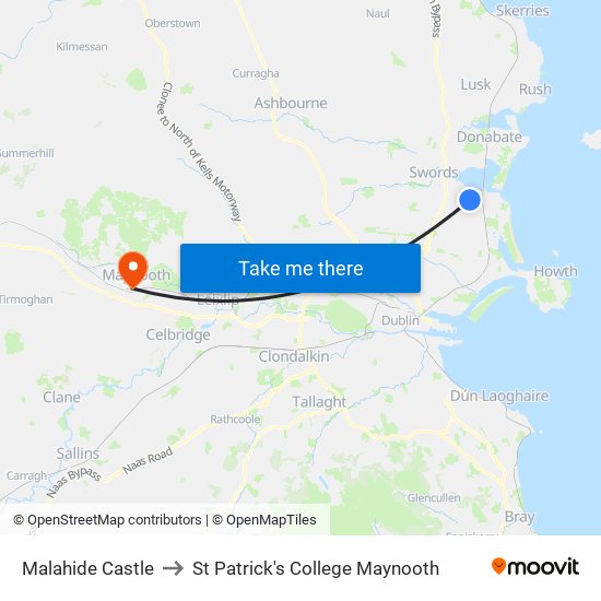 Malahide Castle to St Patrick's College Maynooth map