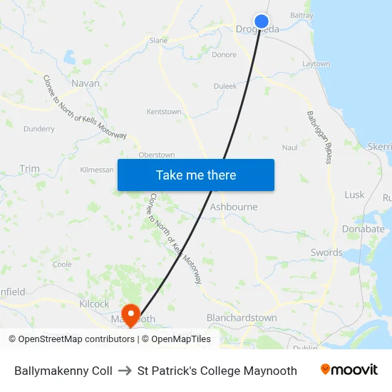 Ballymakenny Coll to St Patrick's College Maynooth map