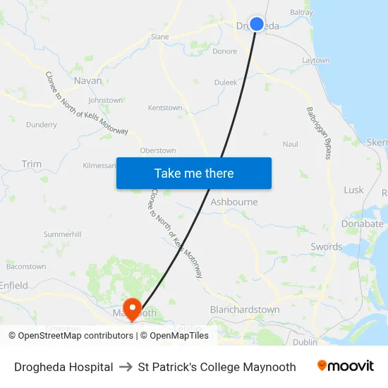Drogheda Hospital to St Patrick's College Maynooth map