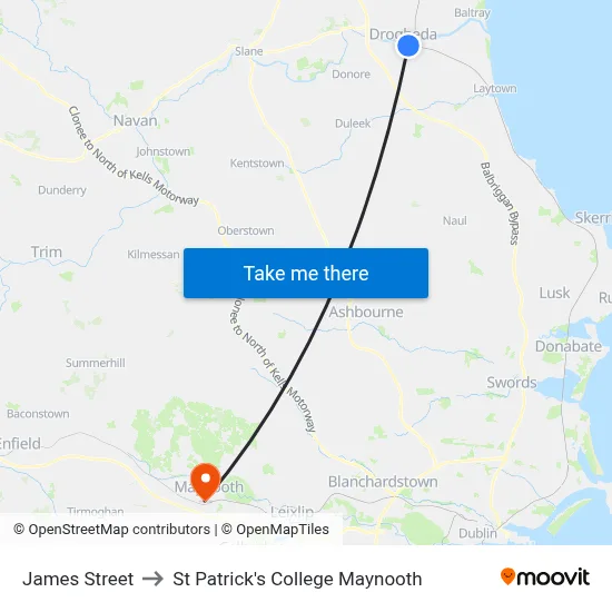 James Street to St Patrick's College Maynooth map