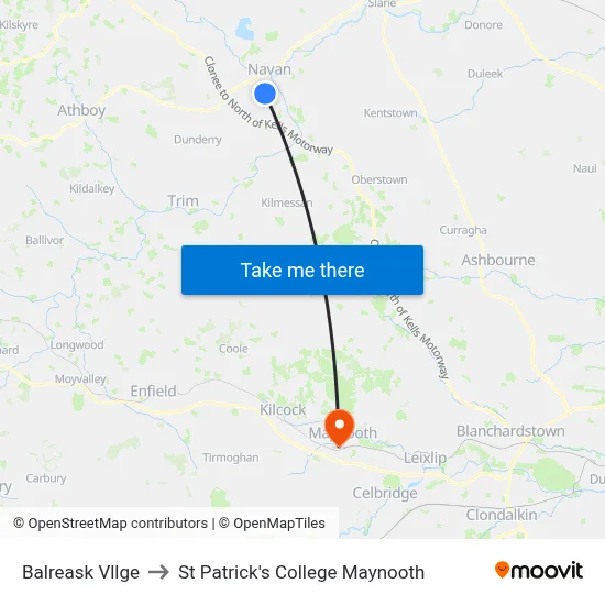 Balreask Vllge to St Patrick's College Maynooth map