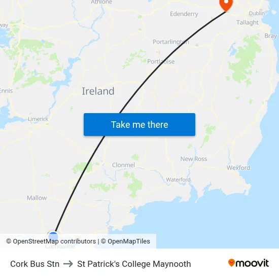 Cork Bus Stn to St Patrick's College Maynooth map