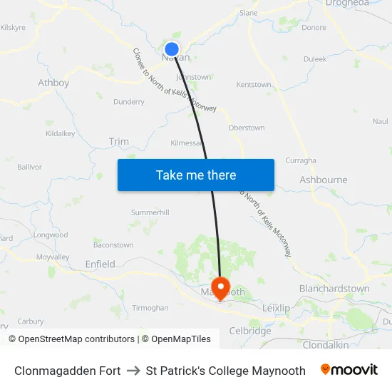 Clonmagadden Fort to St Patrick's College Maynooth map