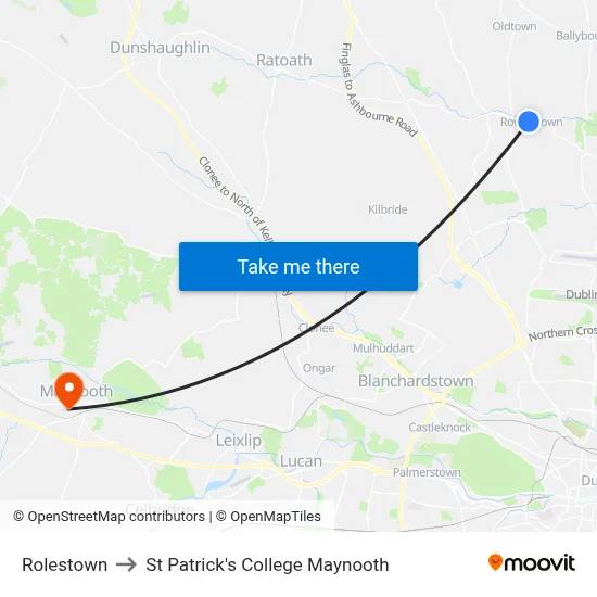Rolestown to St Patrick's College Maynooth map