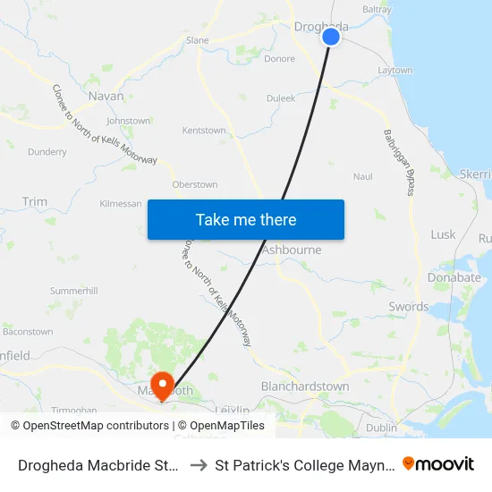 Drogheda Macbride Station to St Patrick's College Maynooth map