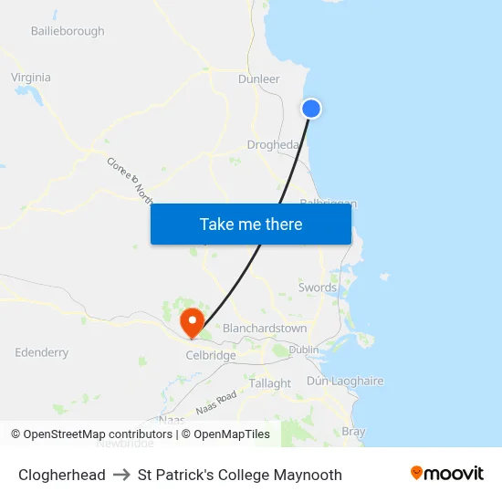 Clogherhead to St Patrick's College Maynooth map