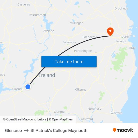 Glencree to St Patrick's College Maynooth map