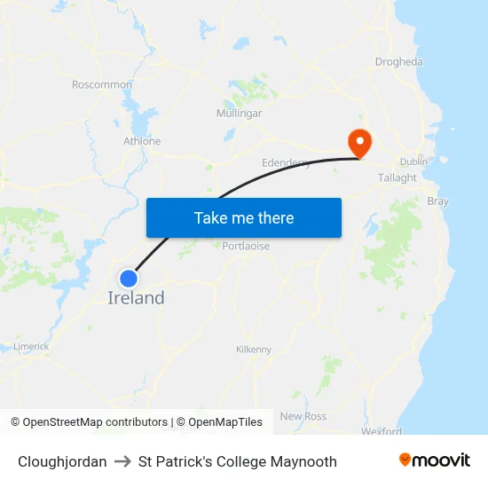 Cloughjordan to St Patrick's College Maynooth map