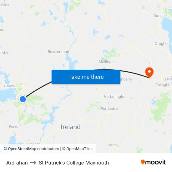 Ardrahan to St Patrick's College Maynooth map
