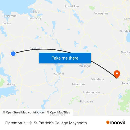 Claremorris to St Patrick's College Maynooth map