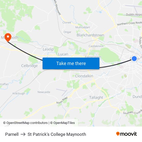 Parnell to St Patrick's College Maynooth map
