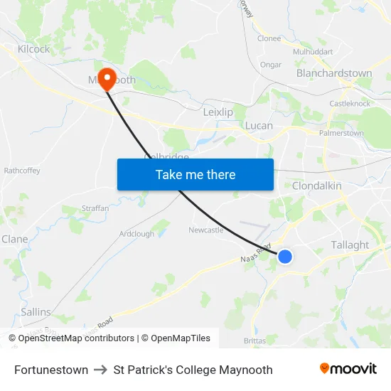 Fortunestown to St Patrick's College Maynooth map