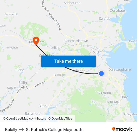 Balally to St Patrick's College Maynooth map