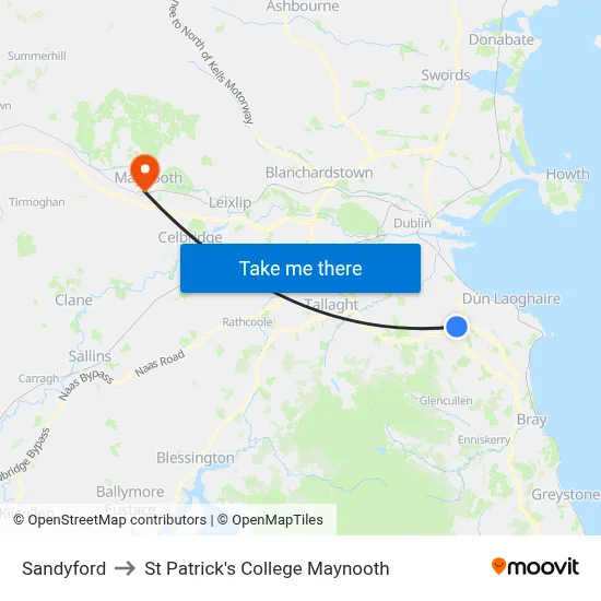 Sandyford to St Patrick's College Maynooth map