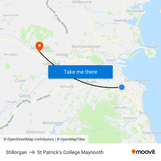 Stillorgan to St Patrick's College Maynooth map