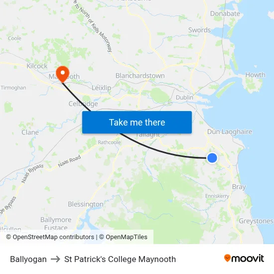 Ballyogan to St Patrick's College Maynooth map