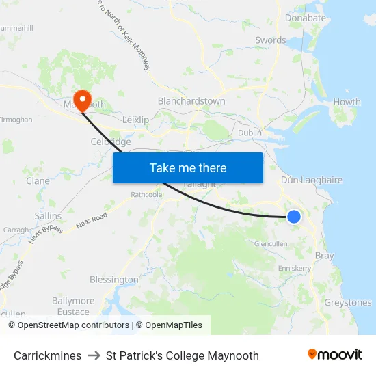 Carrickmines to St Patrick's College Maynooth map