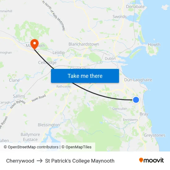 Cherrywood to St Patrick's College Maynooth map