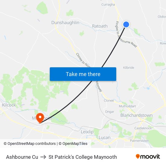 Ashbourne Cu to St Patrick's College Maynooth map