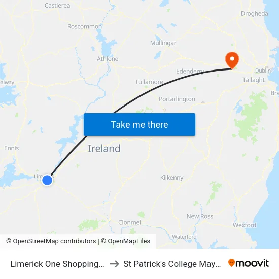 Limerick One Shopping Park to St Patrick's College Maynooth map