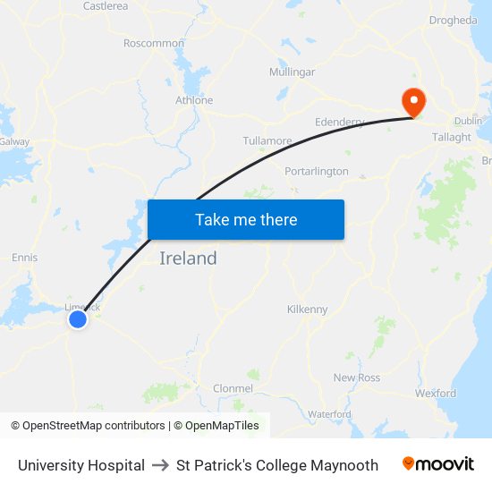 University Hospital to St Patrick's College Maynooth map