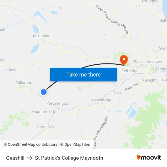 Geashill to St Patrick's College Maynooth map