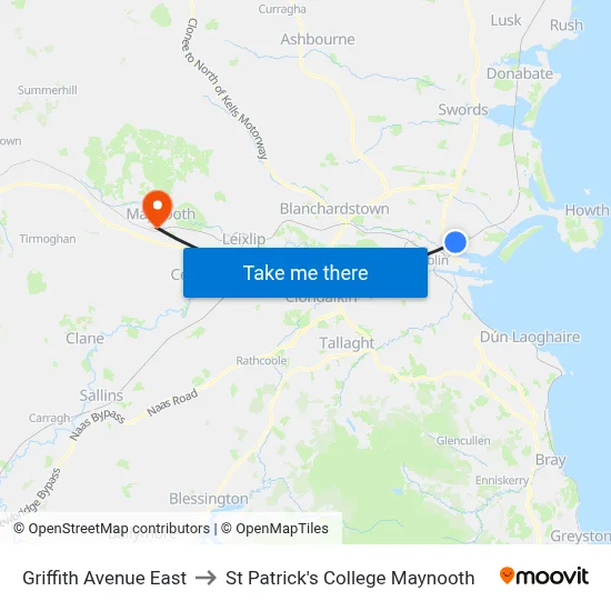 Griffith Avenue East to St Patrick's College Maynooth map